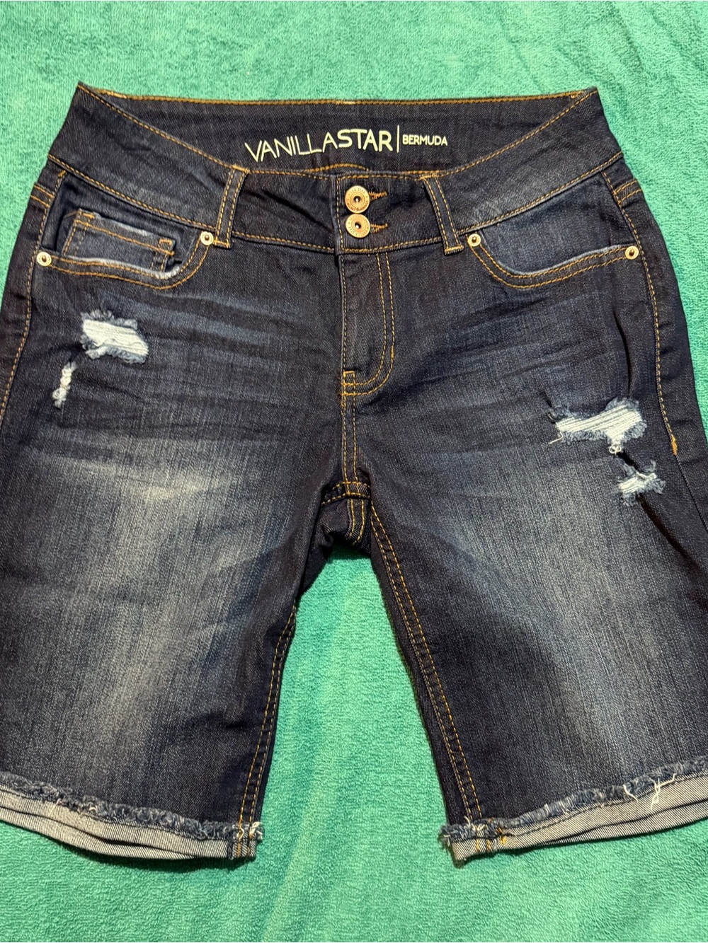 Vanilla Star Dark Wash Distressed Bermuda Denim Shorts